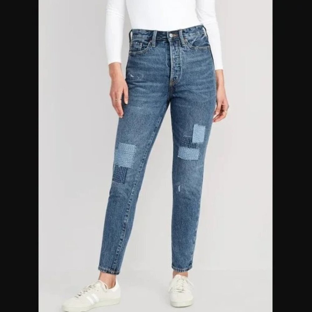 Old Navy Blue Extra High Rise Straight Leg Patchwork Jeans